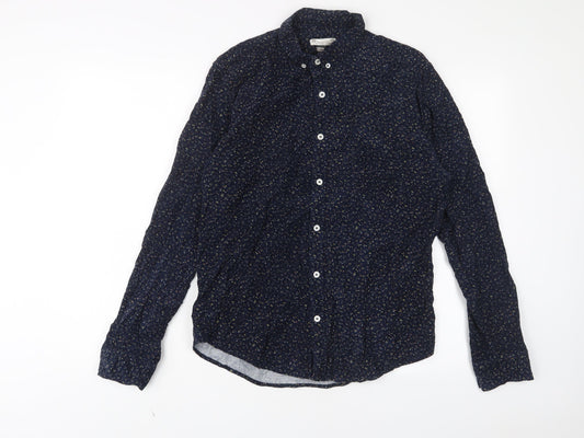 Oxford Lads Mens Blue Geometric Cotton Button-Up Size M Collared Button