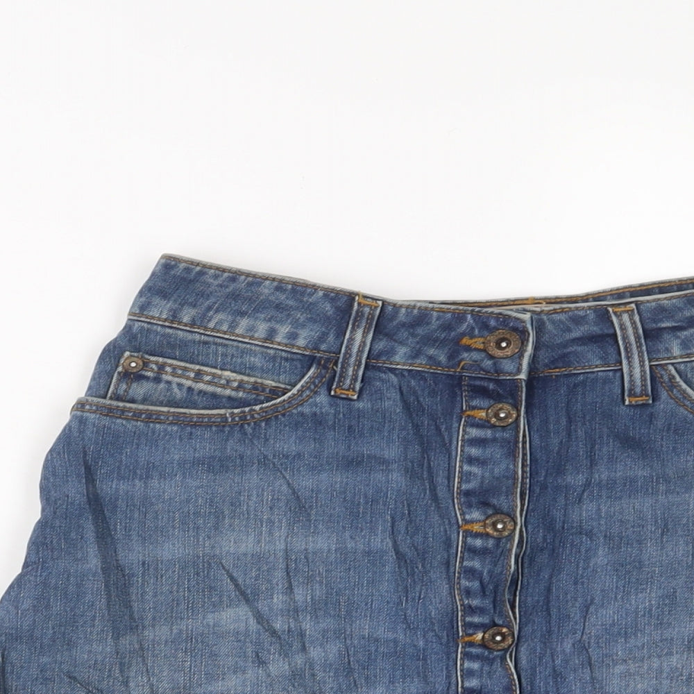 Zara Womens Blue Cotton A-Line Skirt Size S Button