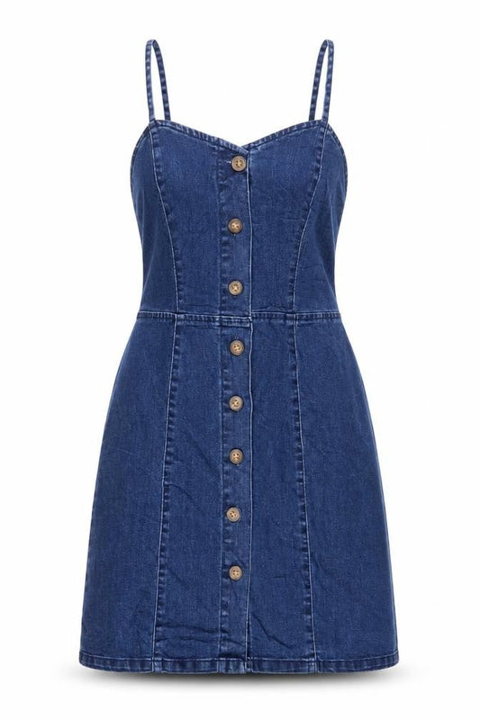 Front view of Denim & Co. women’s blue cotton a-line, size UK 4, v-neck button
