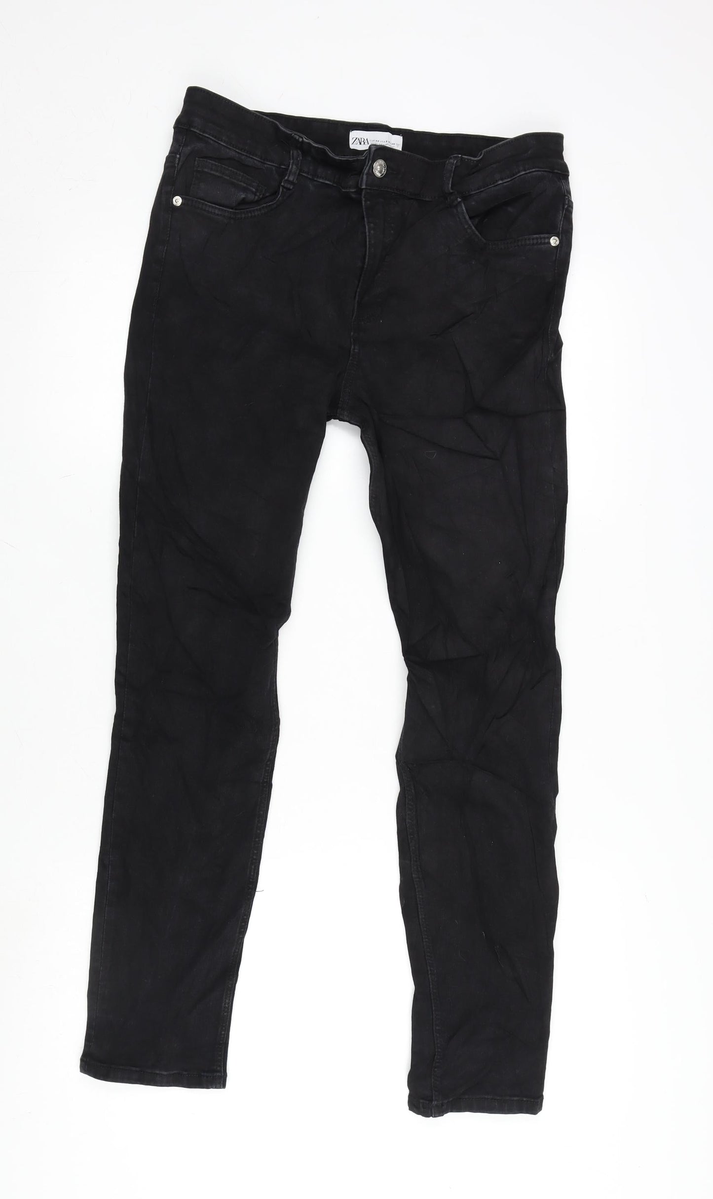 Zara Womens Black Cotton Blend Tapered Jeans Size 12 L28 in Regular Zip