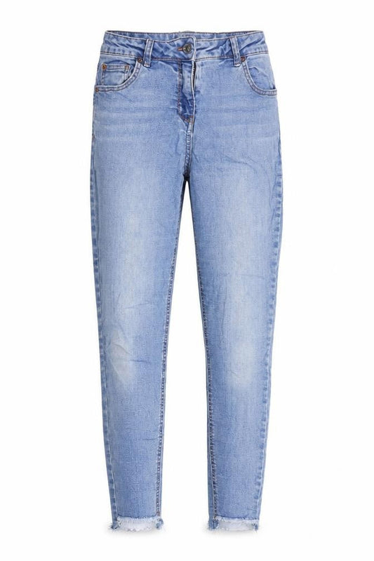 Matalan Womens Blue Cotton Blend Tapered Jeans Size 12 L28.5 in Regular Zip - Raw Hem