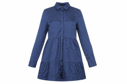 Front view of Missguided women’s blue polyester shirt dress, size UK 12, collared button
