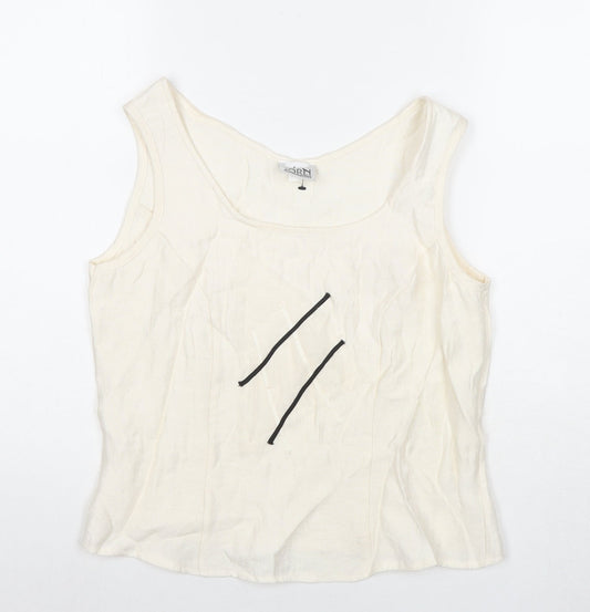 Jorli Womens White Viscose Basic Tank Size 10 Scoop Neck - Geometric Detail