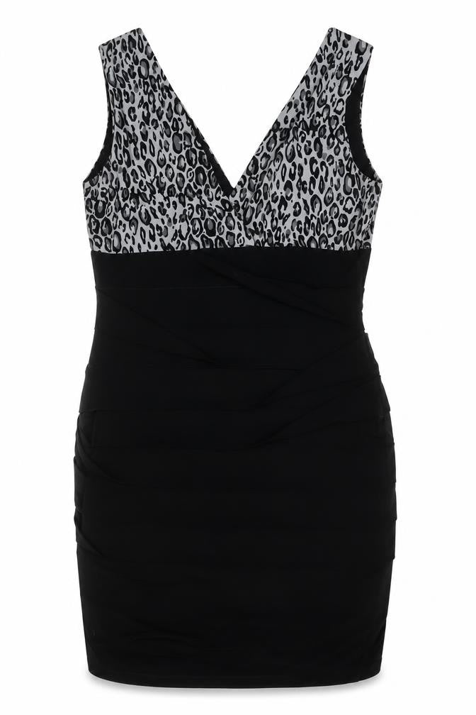 En Focus Studio Womens Black Animal Print Polyester A-Line Size 10 V-Neck Pullover - Leopard Print