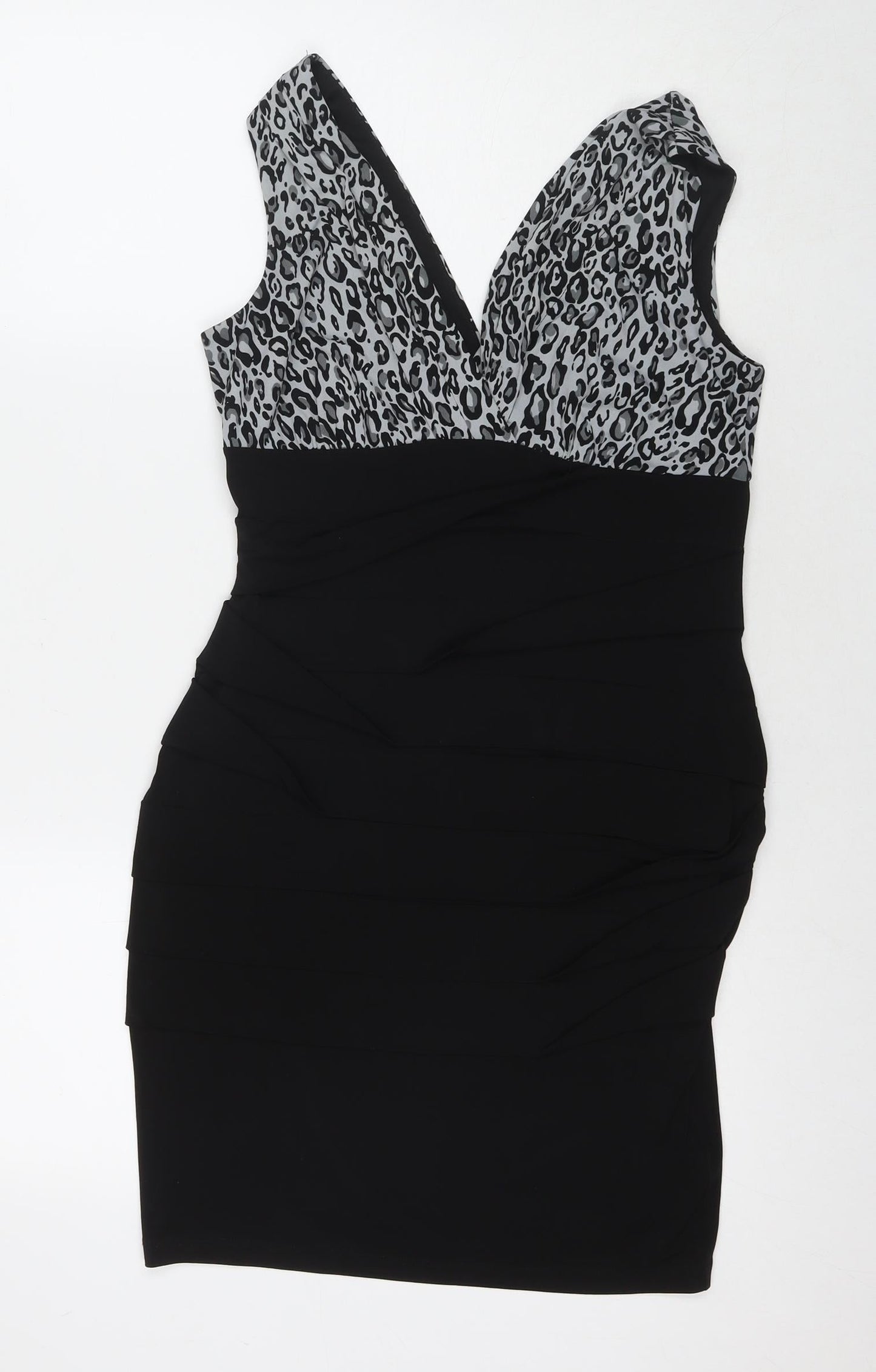 En Focus Studio Womens Black Animal Print Polyester A-Line Size 10 V-Neck Pullover - Leopard Print