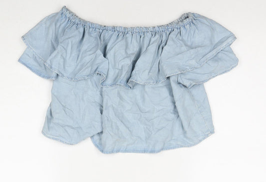 Zara Womens Blue Lyocell Basic T-Shirt Size XS Off the Shoulder