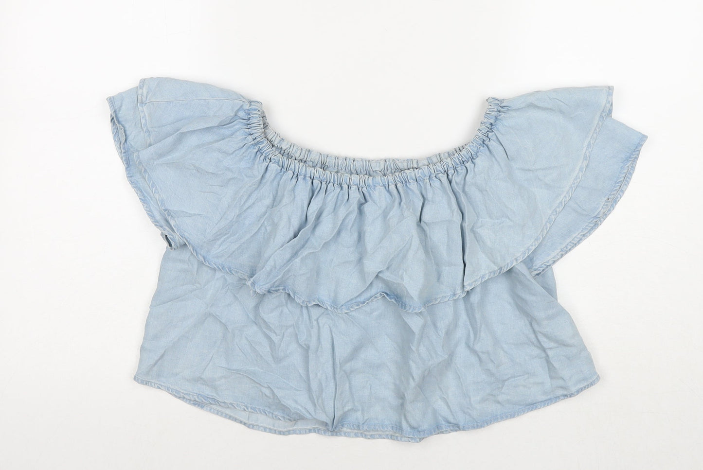 Zara Womens Blue Lyocell Basic T-Shirt Size XS Off the Shoulder