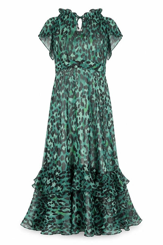 Et Vous Womens Green Animal Print Rayon Maxi Size 12 Round Neck Zip - Leopard Print