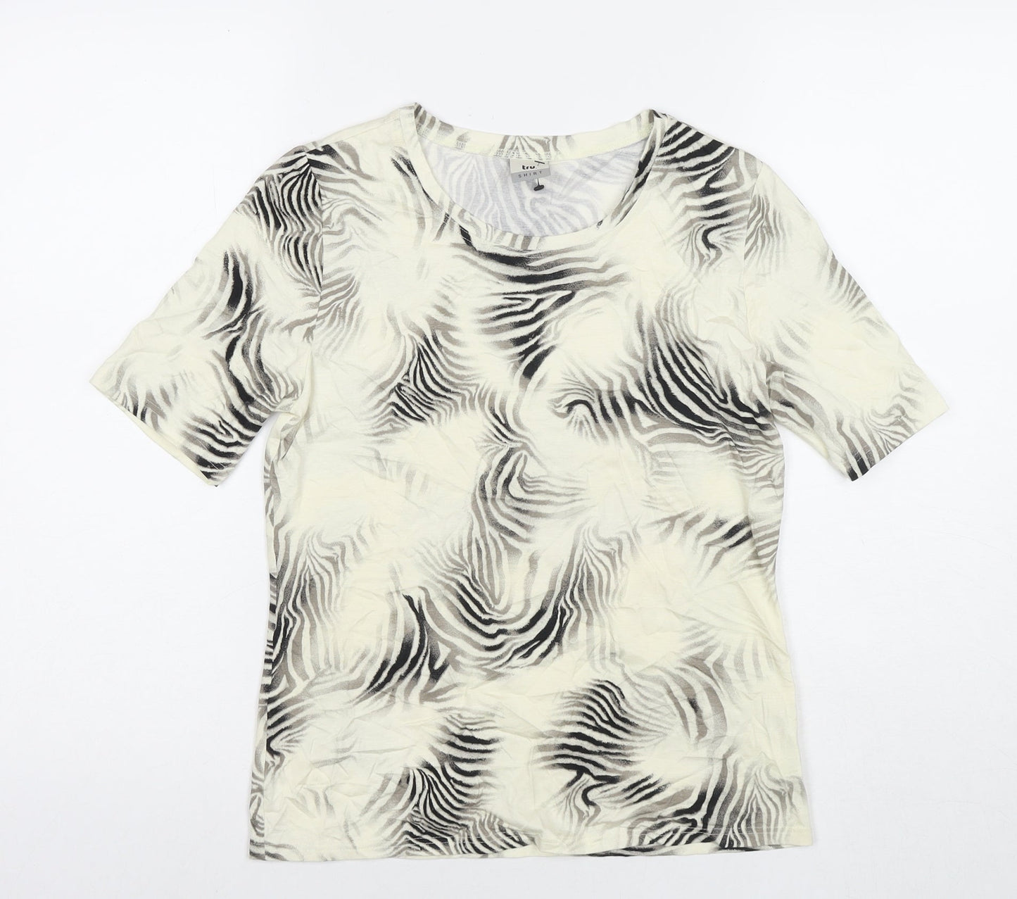 Tru. Womens Beige Geometric Viscose Basic T-Shirt Size 10 Round Neck