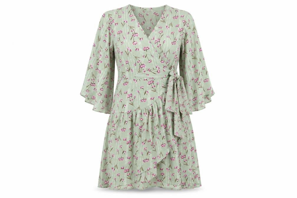 Unique 21 Womens Green Floral Polyester Wrap Dress Size 8 V-Neck Tie