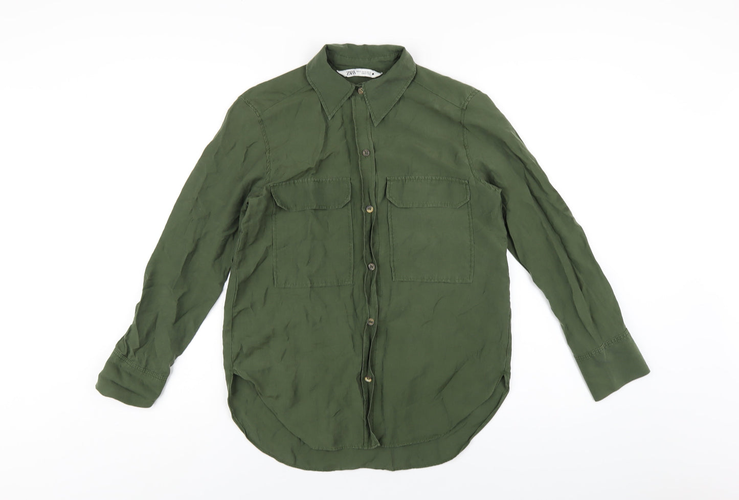 Zara Mens Green Lyocell Button-Up Size XS Collared Button