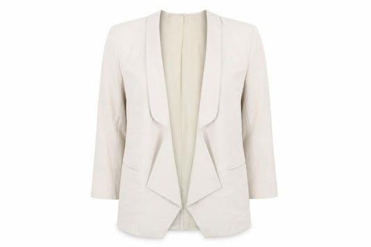 Front view of French Connection women’s beige jacket blazer, size UK 8
