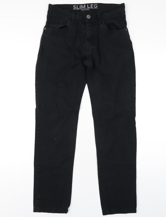 Peacocks Mens Black Cotton Straight Jeans Size 28 in L30 in Slim Zip