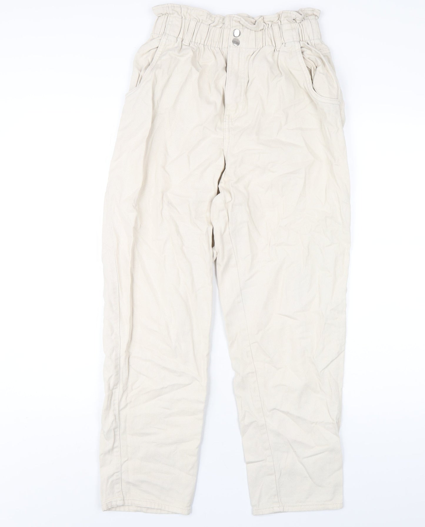 H&M Womens Ivory Cotton Straight Jeans Size 10 L28 in Regular Zip - Paperbag Waist