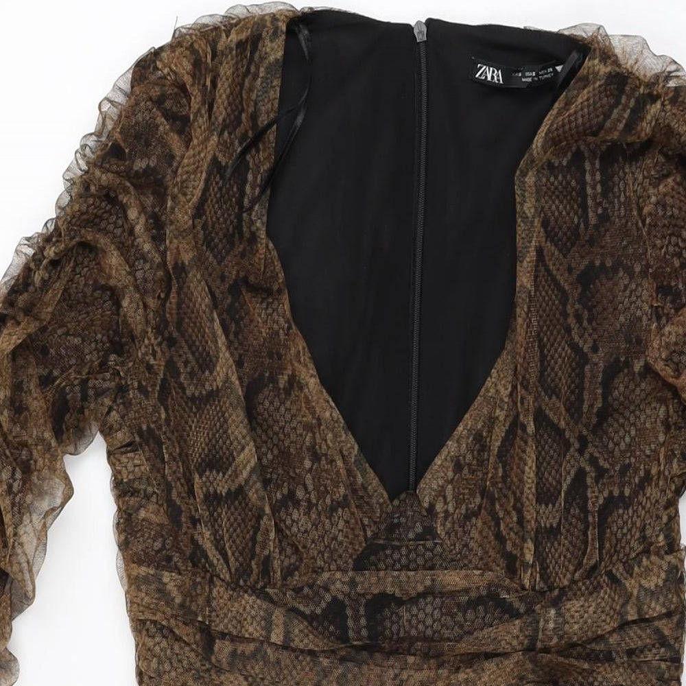 Zara Womens Brown Animal Print Polyester Bodycon Size S V-Neck Zip