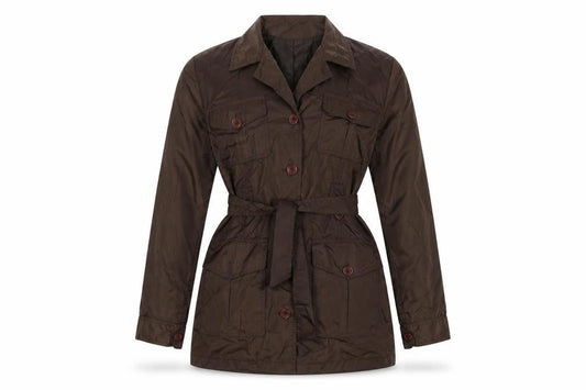 Front view of Miss Selfridge women’s brown overcoat coat, size UK 10, button