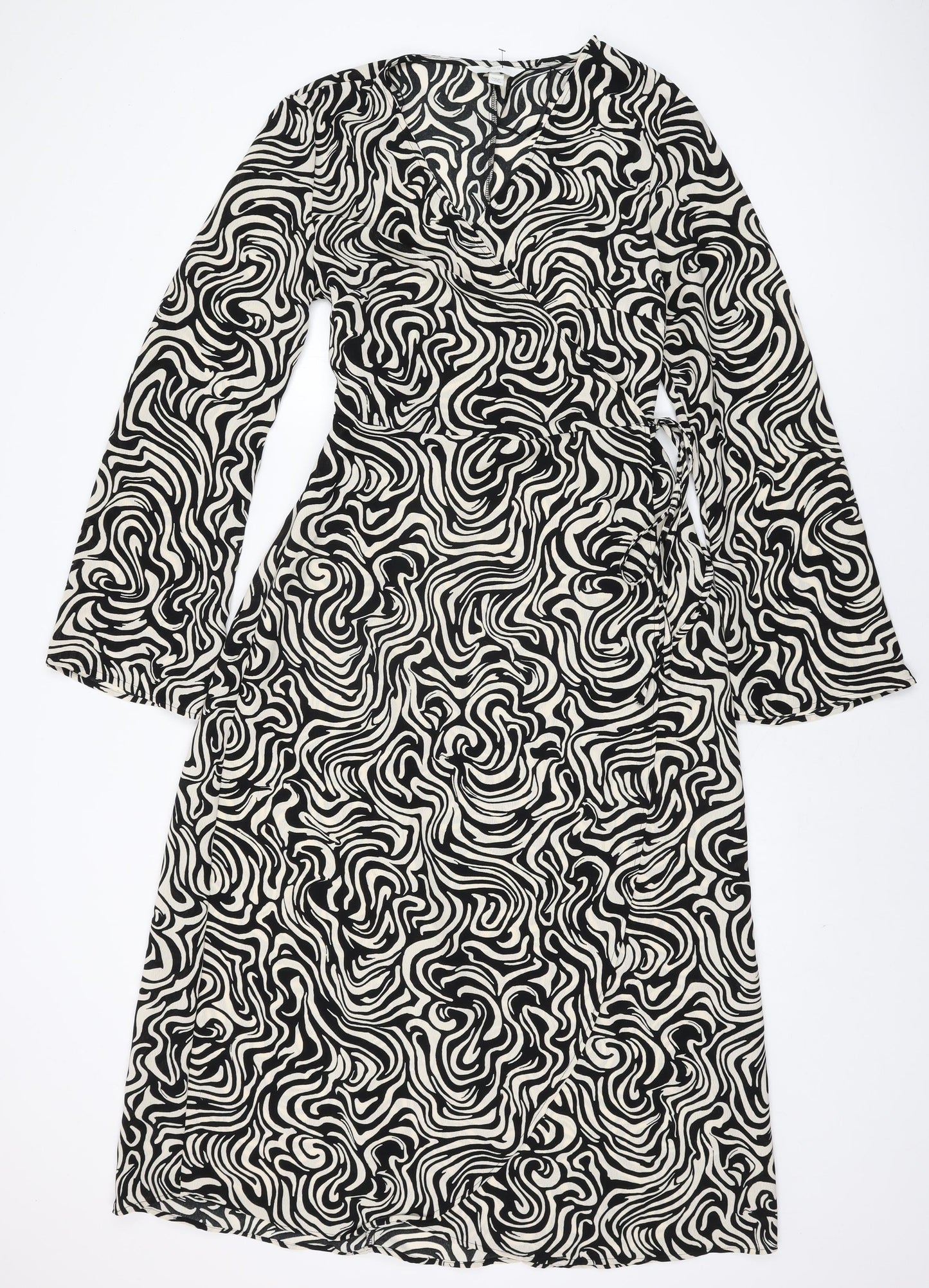 H&M Womens Ivory Geometric Polyester Wrap Dress Size M V-Neck Tie