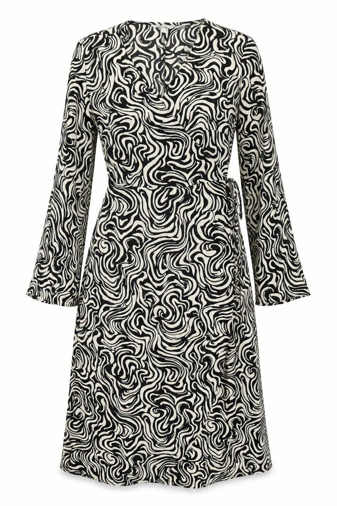 H&M Womens Ivory Geometric Polyester Wrap Dress Size M V-Neck Tie