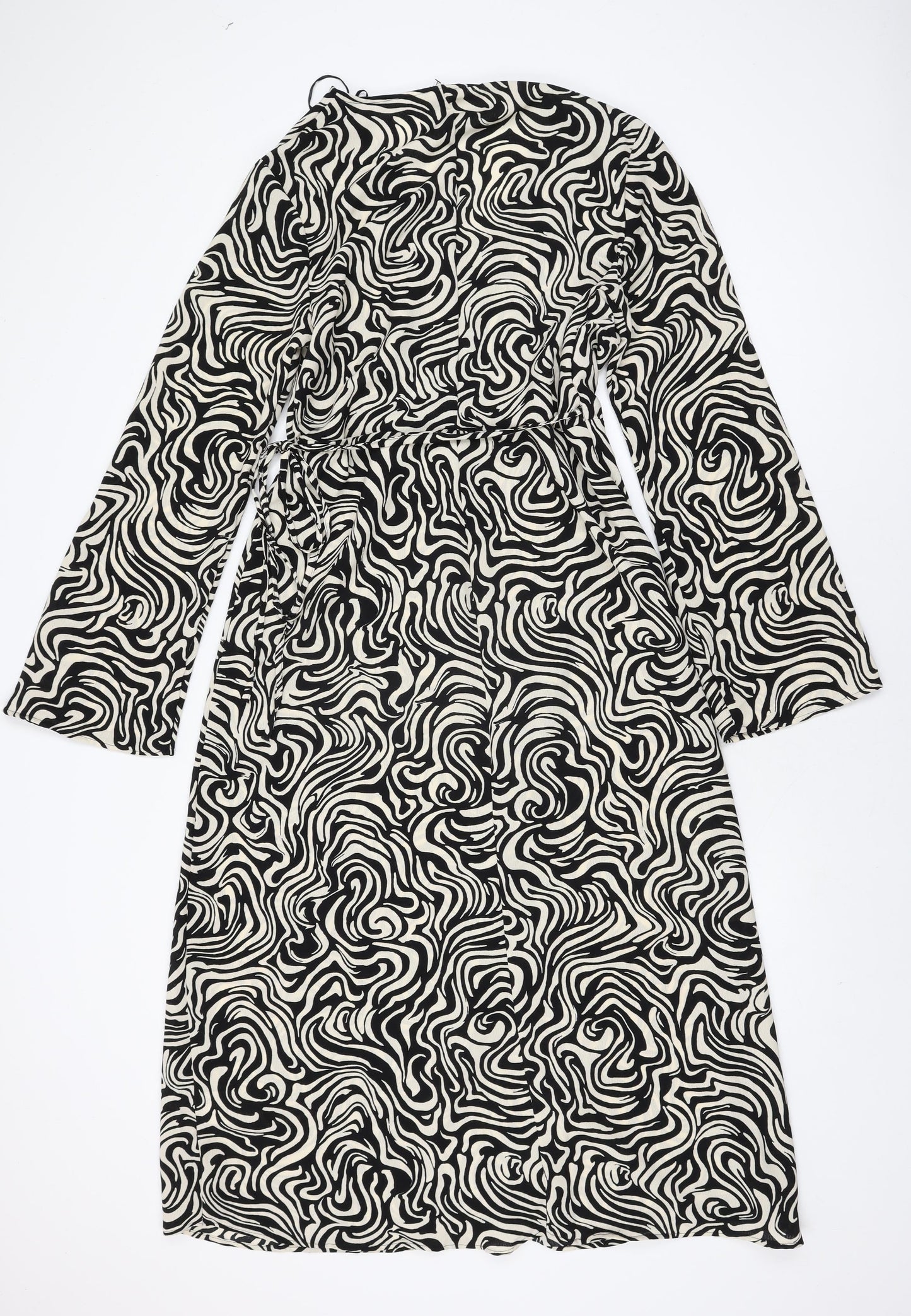 H&M Womens Ivory Geometric Polyester Wrap Dress Size M V-Neck Tie