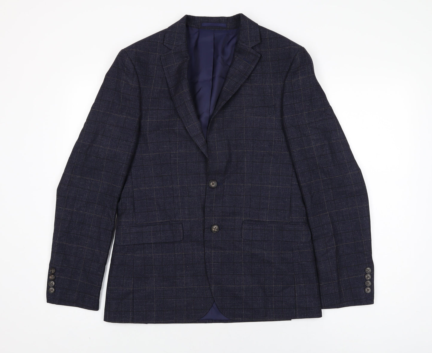 Moss London Mens Blue Plaid Polyester Jacket Suit Jacket Size 38 Regular