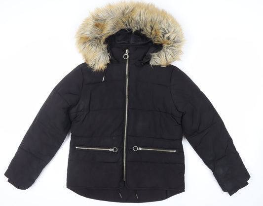 Topshop Womens Black Puffer Jacket Jacket Size 12 Zip - Faux Fur Collar