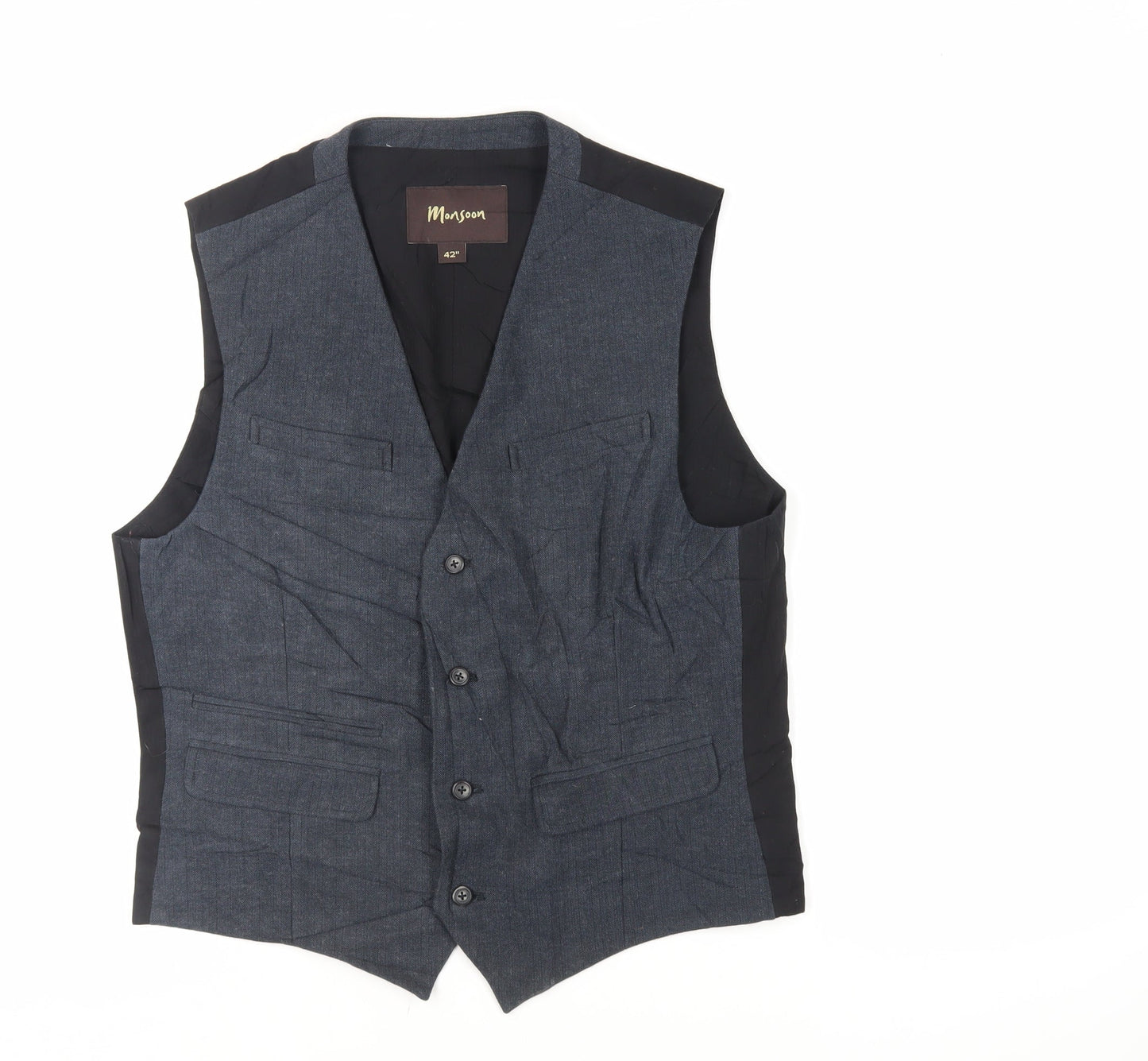 Monsoon Mens Blue Cotton Jacket Suit Waistcoat Size 42 Regular