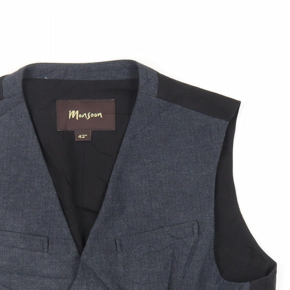 Monsoon Mens Blue Cotton Jacket Suit Waistcoat Size 42 Regular