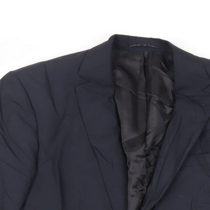Close-up detail of ASOS men’s blue polyester jacket suit jacket, size 38, regular