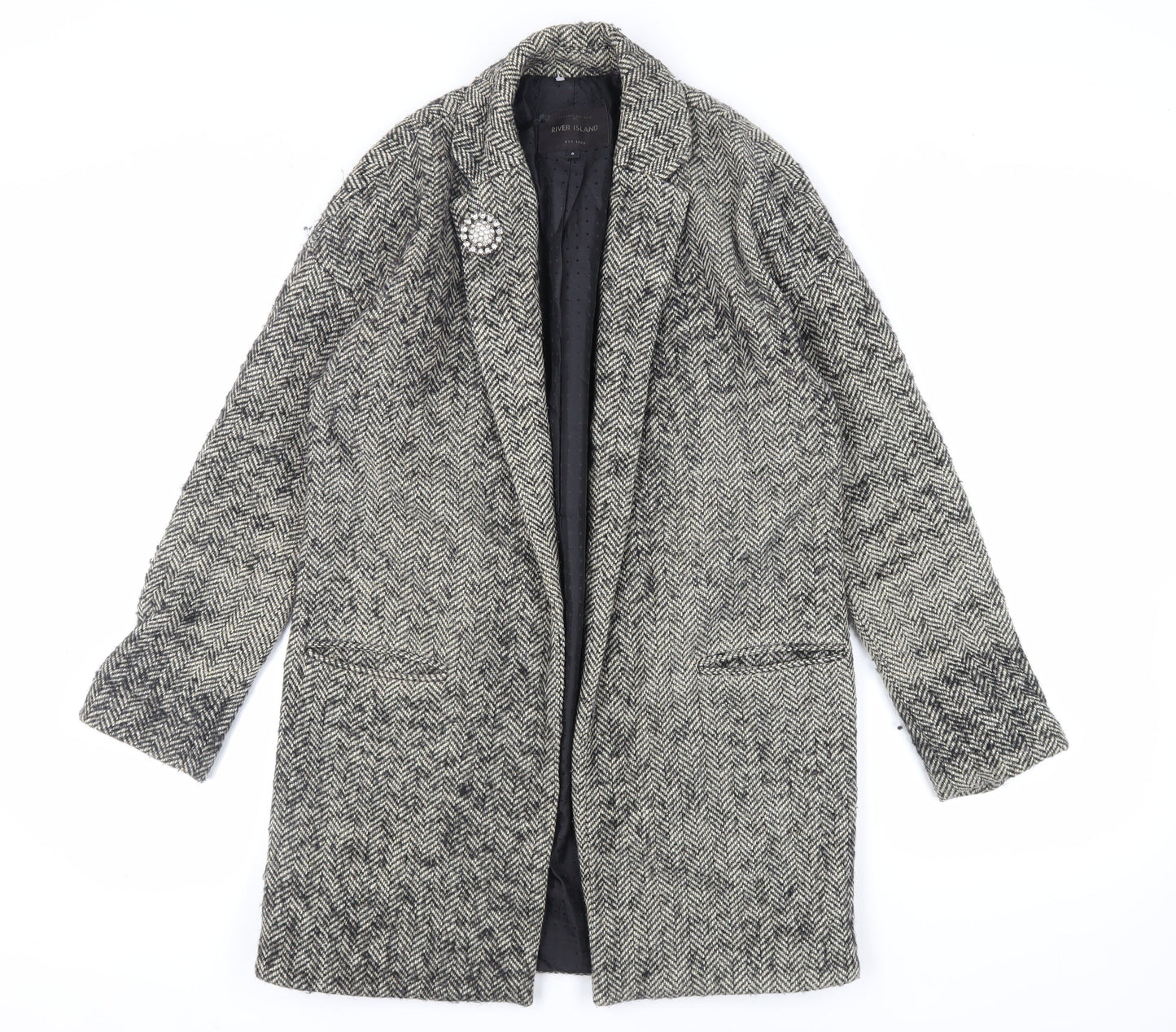 River Island Womens Grey Herringbone Overcoat Coat Size 8 - Open