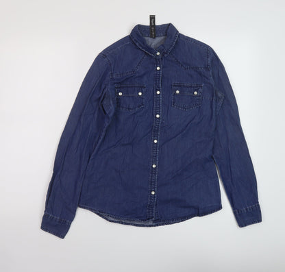 Additional front view of Denim & Co. women’s blue cotton basic button-up, size UK 8, collared