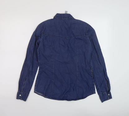 Back view of Denim & Co. women’s blue cotton basic button-up, size UK 8, collared