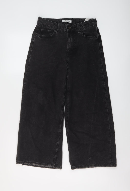 Bershka Womens Grey Cotton Wide-Leg Jeans Size 6 L22 in Regular Button