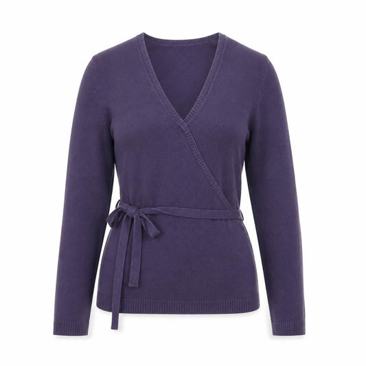 Front view of Red Herring women’s purple v-neck acrylic jumper, size UK 14