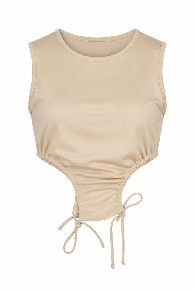 PRETTYLITTLETHING Womens Beige Polyester Cropped Blouse Size 4 Round Neck - Drawstring Cut Out