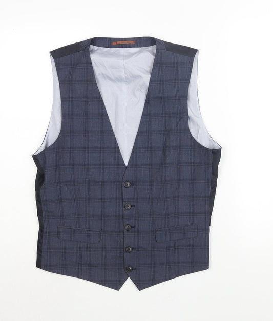 Burton Mens Blue Check Polyester Jacket Suit Waistcoat Size M Regular - Chest 38-40