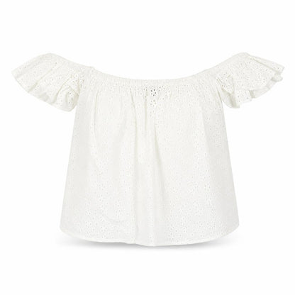 Front view of ASOS women’s white cotton basic blouse, size UK 10, off the shoulder
