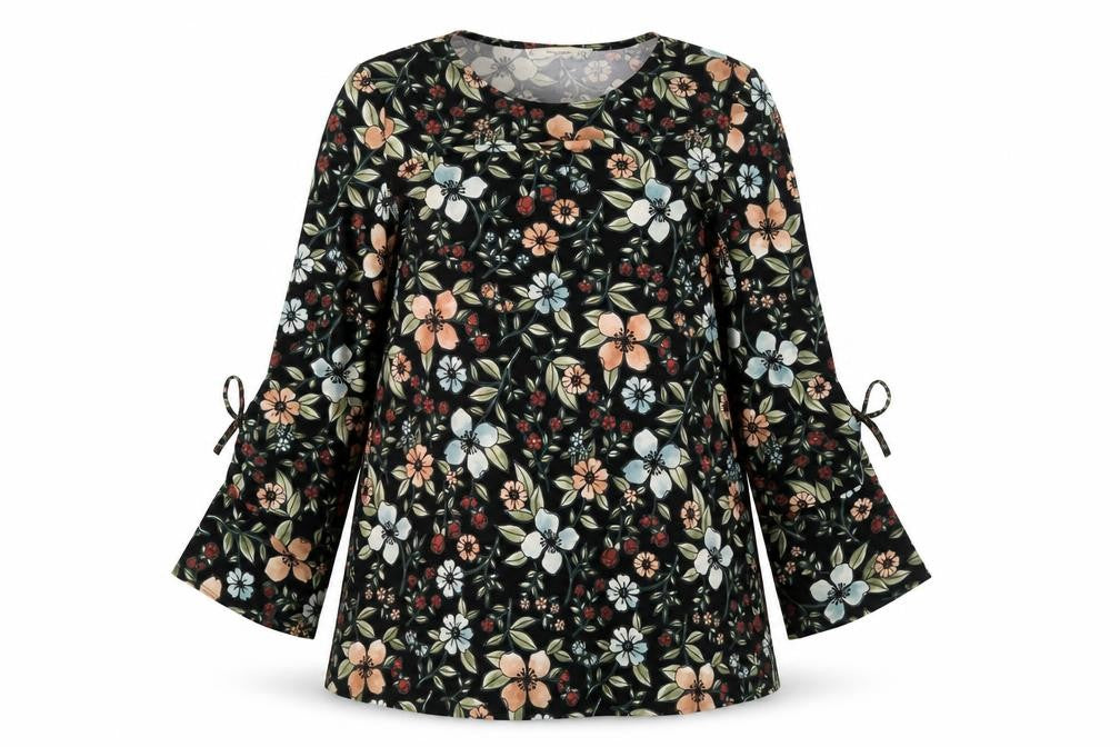 Mango Womens Black Floral Polyester A-Line Size XS Round Neck Pullover - Drawstring Sleeve