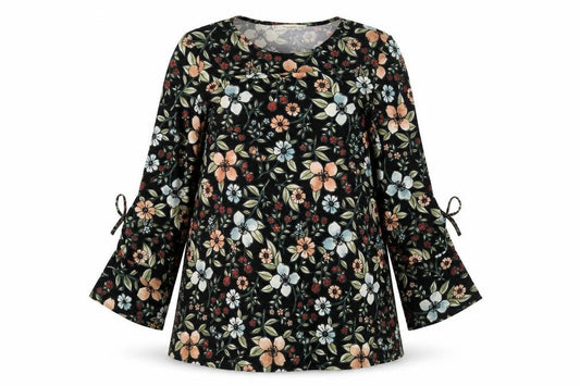 Mango Womens Black Floral Polyester A-Line Size XS Round Neck Pullover - Drawstring Sleeve