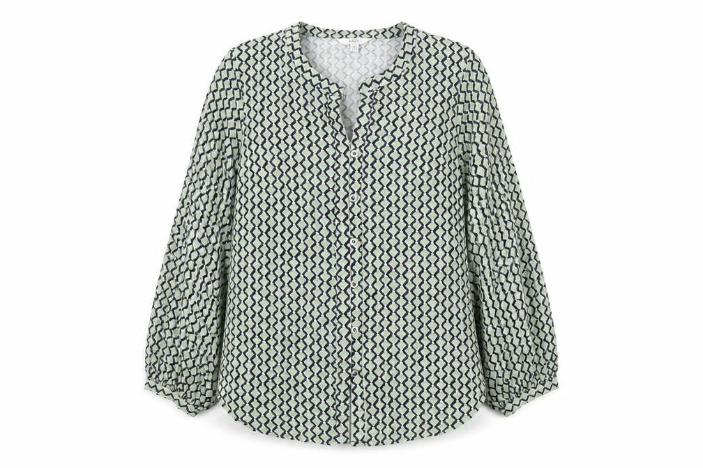 Marks & Spencer Womens Green Geometric Cotton Basic Button-Up Size 16 V-Neck