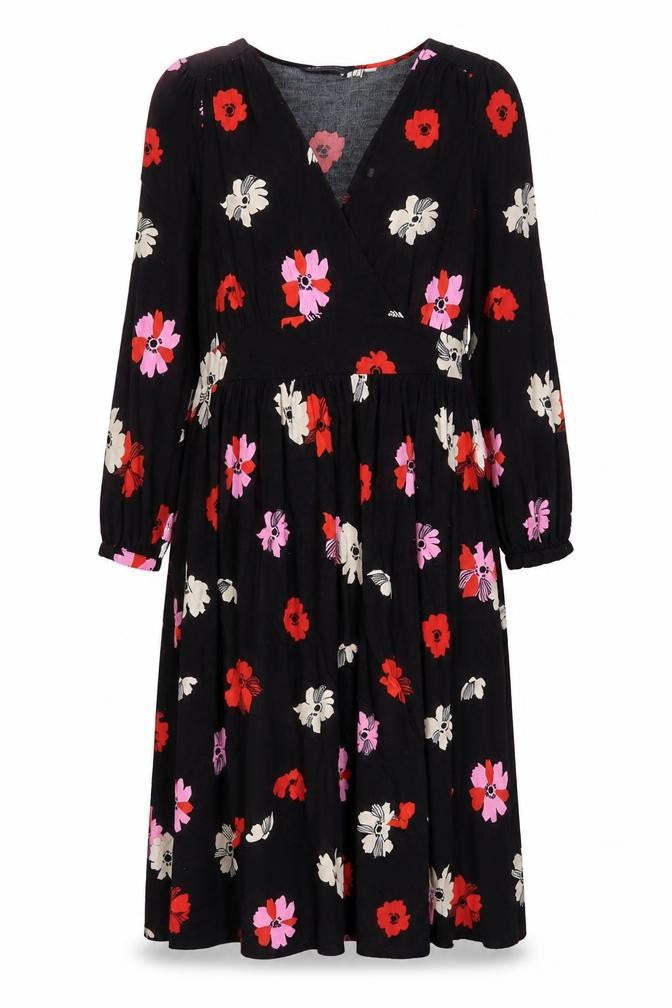 Marks & Spencer Womens Black Floral Viscose Shift Size 12 V-Neck Zip