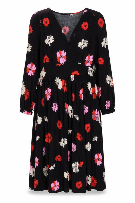 Marks & Spencer Womens Black Floral Viscose Shift Size 12 V-Neck Zip