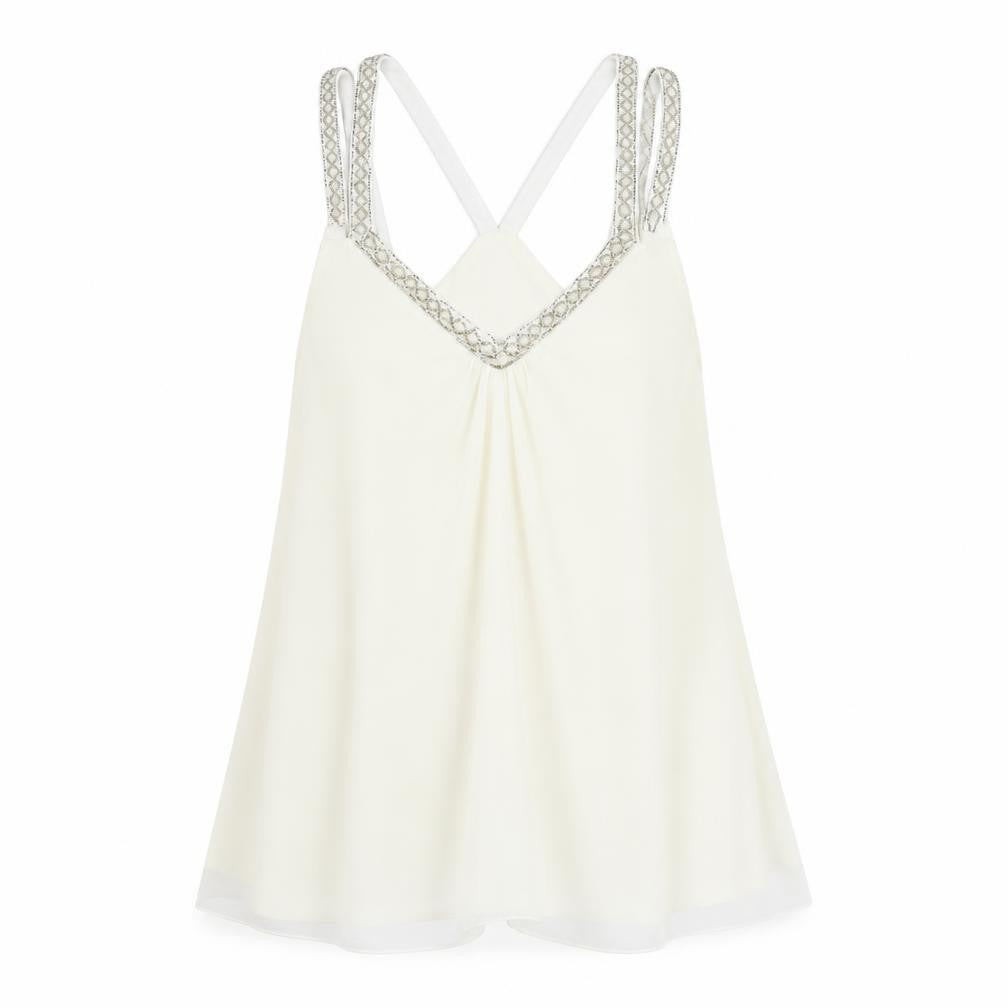 Miss Selfridge Womens Ivory Polyester Camisole Blouse Size 8 V-Neck - Pearl Beading Detail