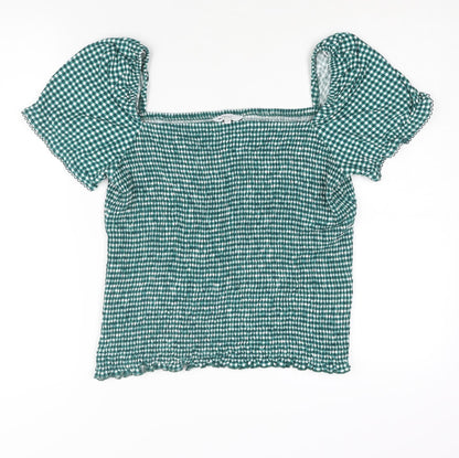Next Womens Green Check Viscose Basic Blouse Size 16 Square Neck - Rouched