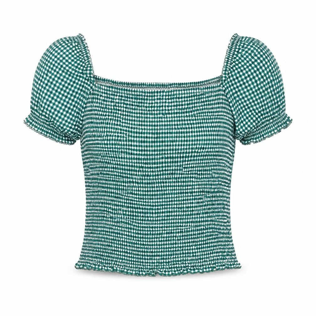 NEXT Womens Green Check Viscose Basic Blouse Size 16 Square Neck - Rouched