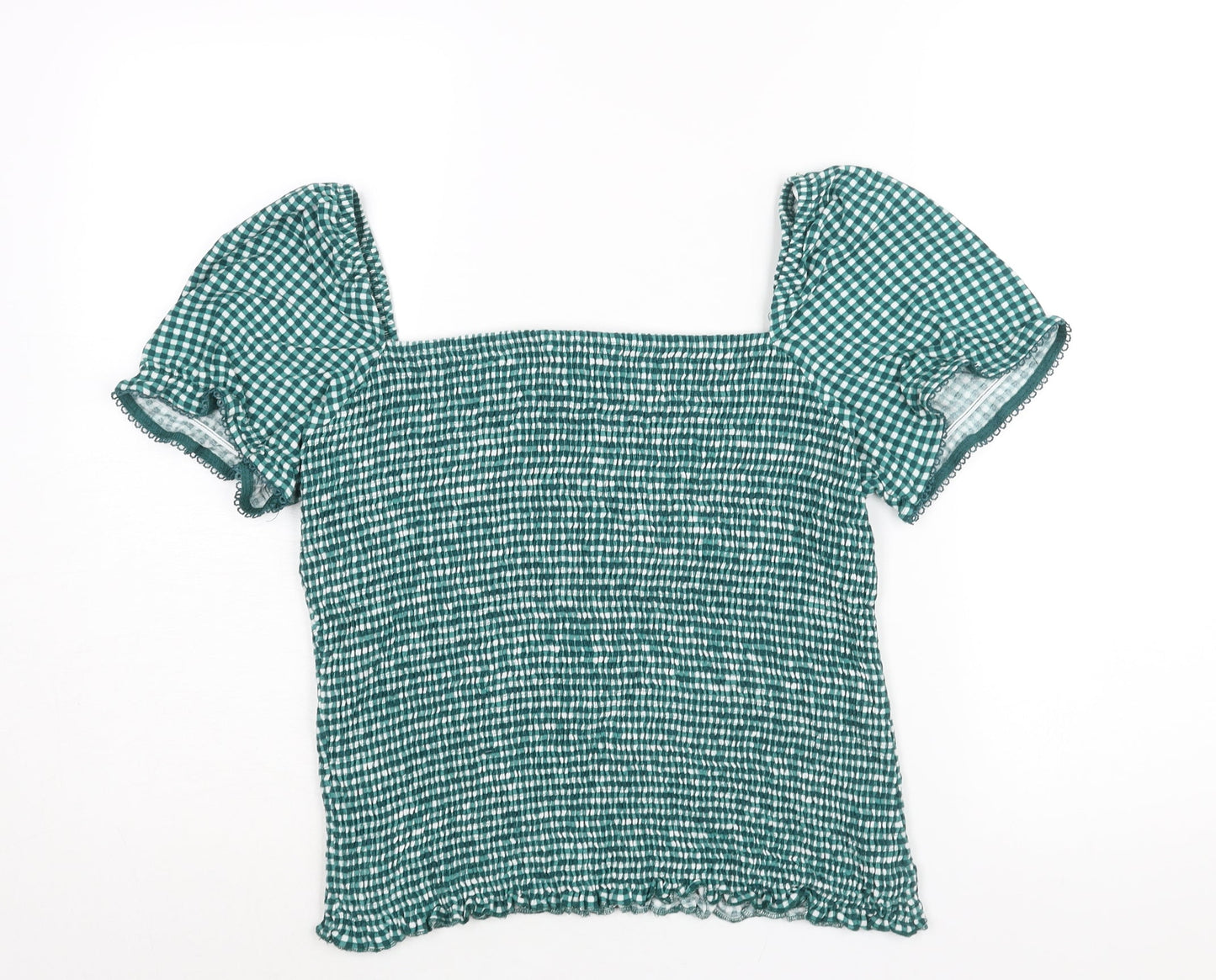 NEXT Womens Green Check Viscose Basic Blouse Size 16 Square Neck - Rouched