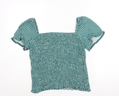 Next Womens Green Check Viscose Basic Blouse Size 16 Square Neck - Rouched