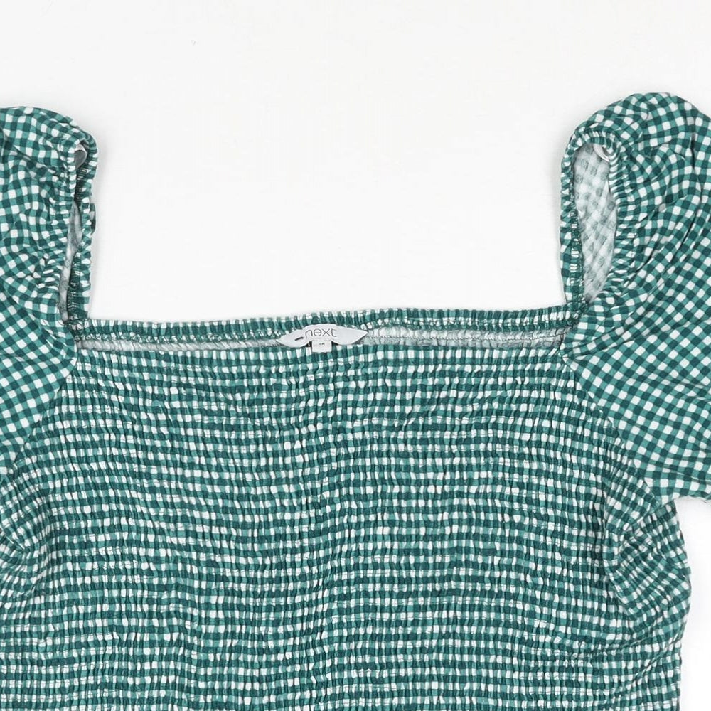 NEXT Womens Green Check Viscose Basic Blouse Size 16 Square Neck - Rouched