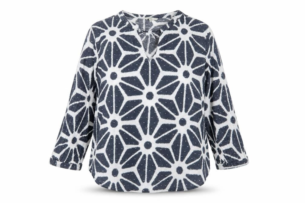 NEXT Womens Blue Geometric Cotton Basic Blouse Size 14 V-Neck - Embroidered