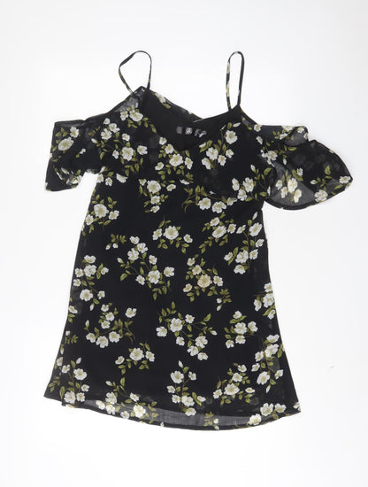 Additional front view of Missguided women’s black floral polyester a-line, size UK 8, v-neck pullover