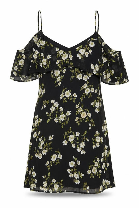 Front view of Missguided women’s black floral polyester a-line, size UK 8, v-neck pullover